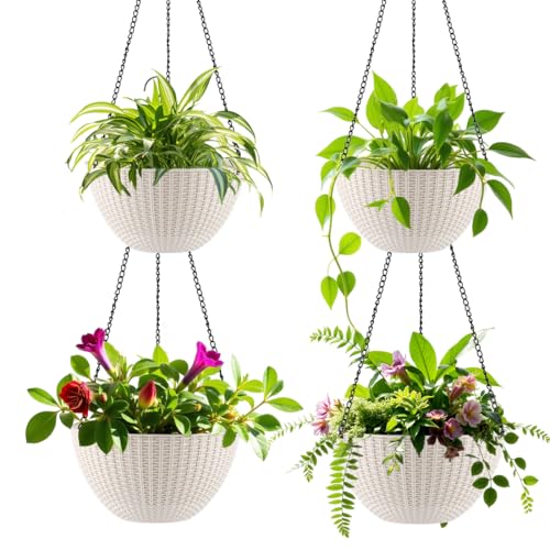 RooTrimmer Hanging Planters for Indoor Outdoor Plants 8 and 10 Inch 4 Packs Hanging Flower Pot with Drainage Holes SelfWatering Hanging Basket Perfect for Home Office and Garden White - Image 1