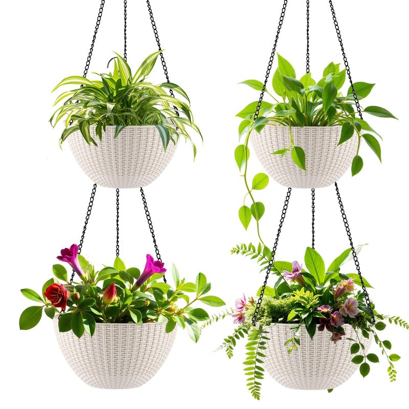 RooTrimmer Hanging Planters for Indoor Outdoor Plants 8 and 10 Inch 4 Packs Hanging Flower Pot with Drainage Holes SelfWatering Hanging Basket Perfect for Home Office and Garden White - Image 2