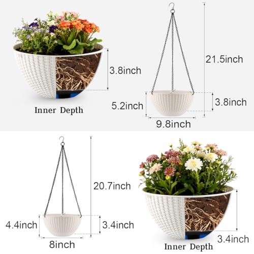 RooTrimmer Hanging Planters for Indoor Outdoor Plants 8 and 10 Inch 4 Packs Hanging Flower Pot with Drainage Holes SelfWatering Hanging Basket Perfect for Home Office and Garden White - Image 3