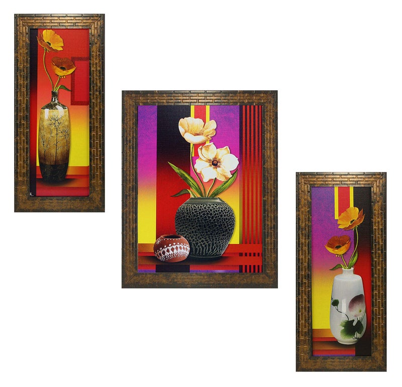 Indianara Set of 3 Floral Paintings (1682) Without Glass 5.2 X 12.5, 9.5 X 12.5, 5.2 X 12.5 INCH - Image 1