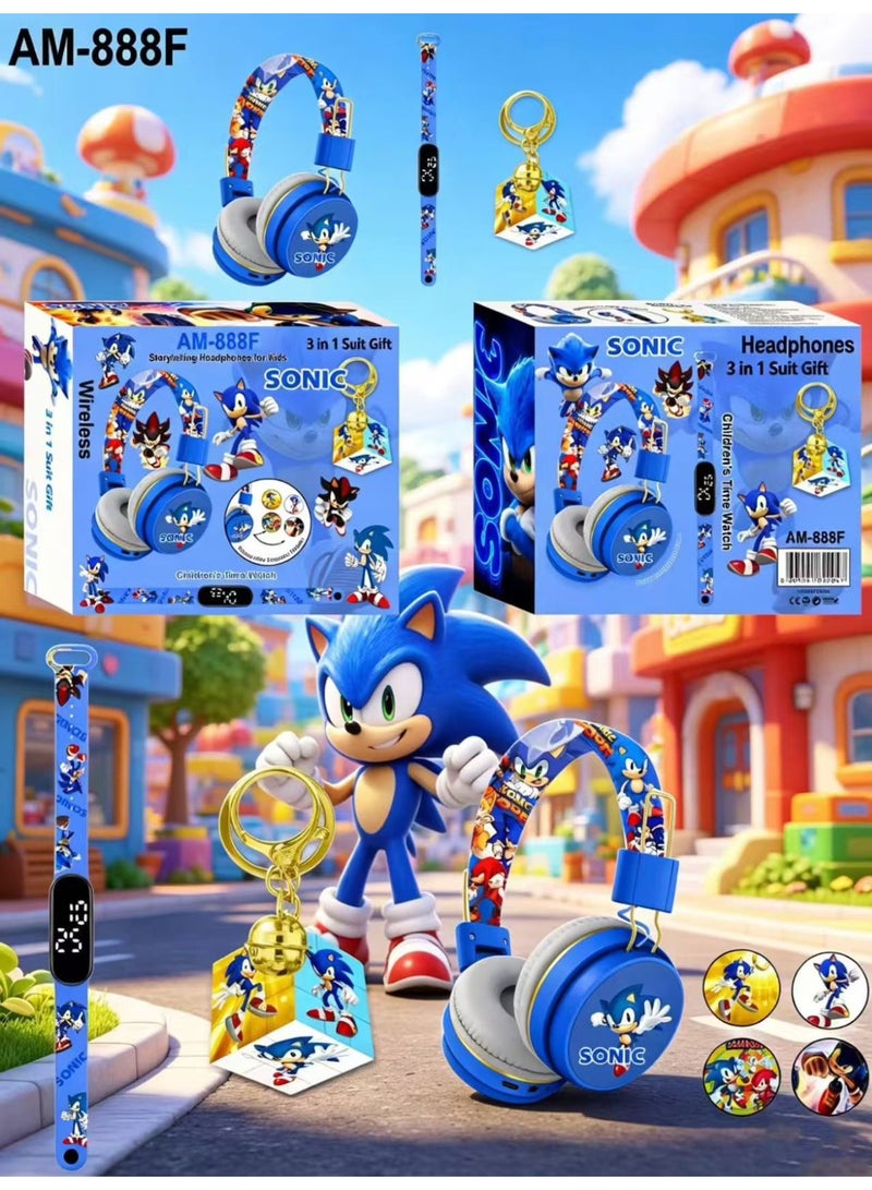 Sonic Bluetooth Kids Headphones with 3-in-1 Gift Set for Children - 【Kids Bluetooth Headphones】with Digital Clock and Rotating Rubik's Cube Keychain - Model AM-888F - Blue