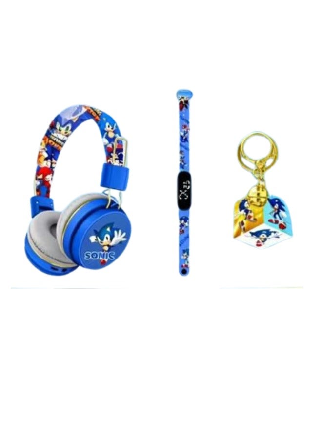 Sonic Bluetooth Kids Headphones with 3-in-1 Gift Set for Children - 【Kids Bluetooth Headphones】with Digital Clock and Rotating Rubik's Cube Keychain - Model AM-888F - Blue - Image 2