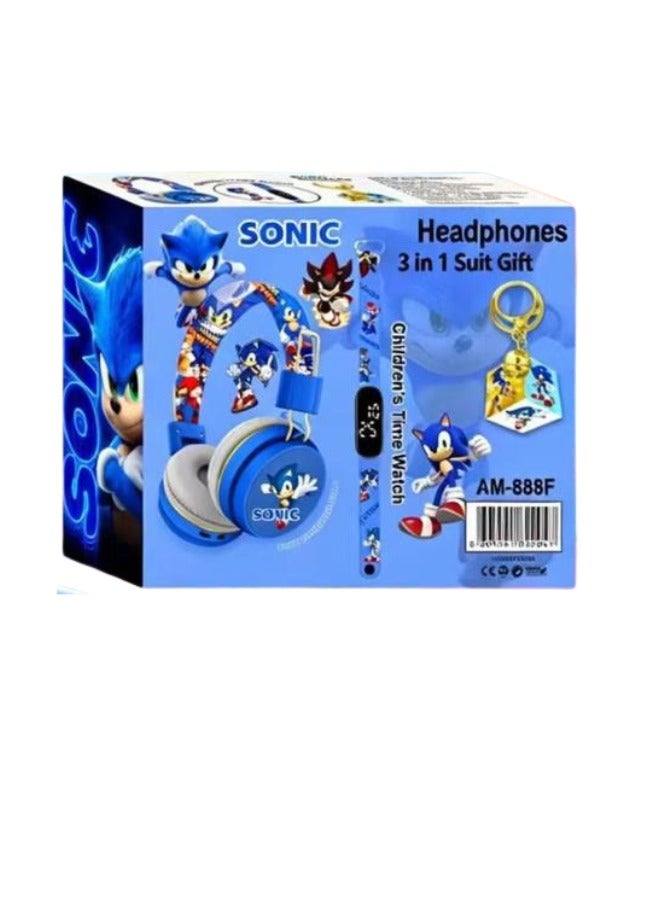 Sonic Bluetooth Kids Headphones with 3-in-1 Gift Set for Children - 【Kids Bluetooth Headphones】with Digital Clock and Rotating Rubik's Cube Keychain - Model AM-888F - Blue - Image 3