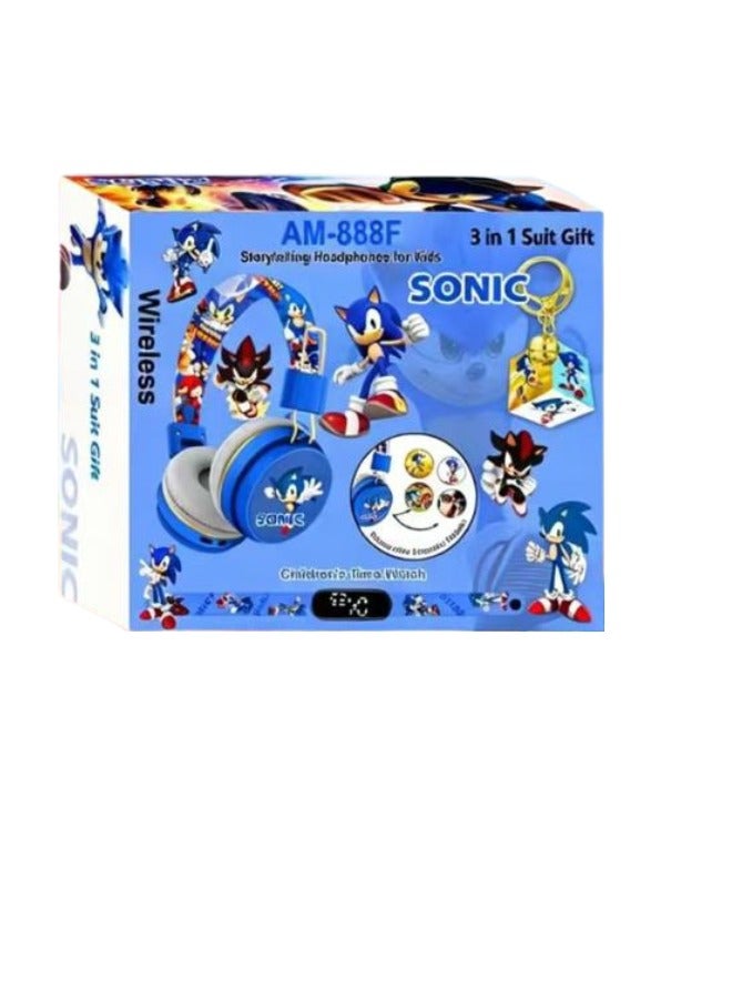 Sonic Bluetooth Kids Headphones with 3-in-1 Gift Set for Children - 【Kids Bluetooth Headphones】with Digital Clock and Rotating Rubik's Cube Keychain - Model AM-888F - Blue - Image 4
