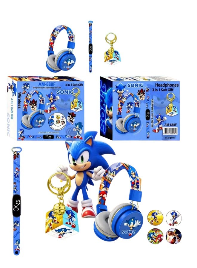Sonic Bluetooth Kids Headphones with 3-in-1 Gift Set for Children - 【Kids Bluetooth Headphones】with Digital Clock and Rotating Rubik's Cube Keychain - Model AM-888F - Blue - Image 5