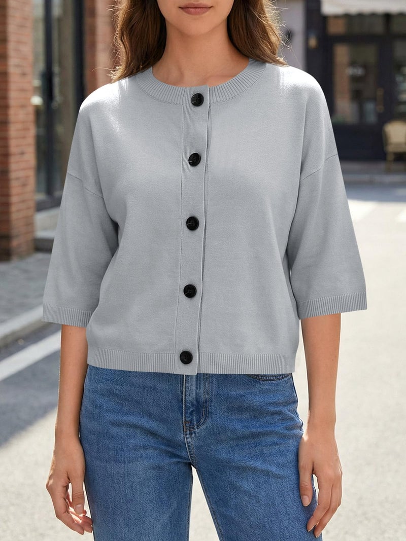 Saodimallsu Womens Short Sleeve Cardigan Sweaters Crew Neck Button Down Lightweight Casual Summer Knit Tops - Image 3