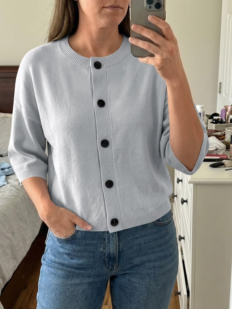 Saodimallsu Womens Short Sleeve Cardigan Sweaters Crew Neck Button Down Lightweight Casual Summer Knit Tops - Image 2