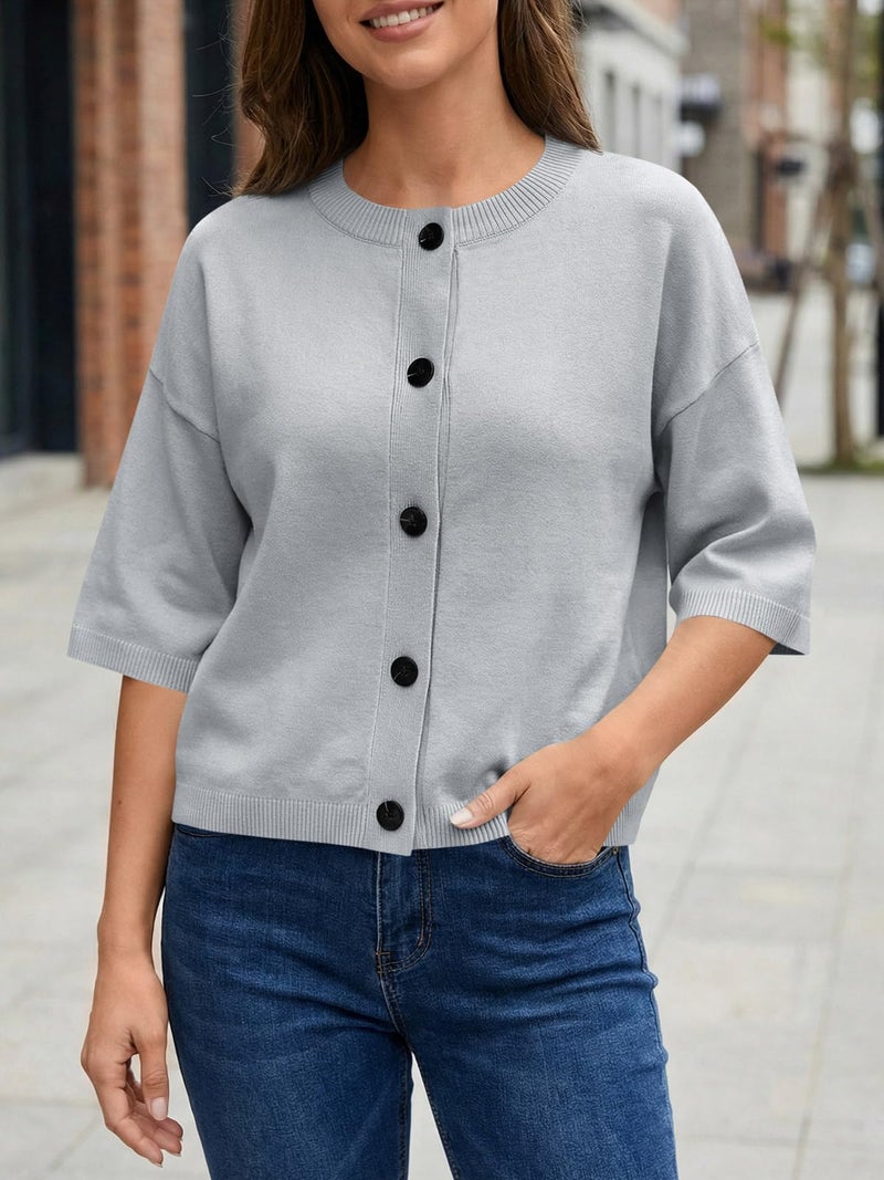Saodimallsu Womens Short Sleeve Cardigan Sweaters Crew Neck Button Down Lightweight Casual Summer Knit Tops - Image 4