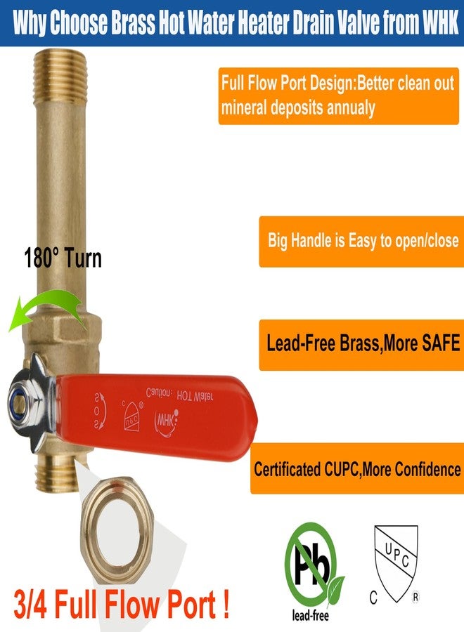 WHK Water Heater Drain Valve 3/4"MIP X 3/4" Male GHT Connection to drain or Flush Hot Water Heater Faster and Easy Big Full Port (Lead-Free Brass,3 Inch Shank with Long Handle,Straight) - Image 5