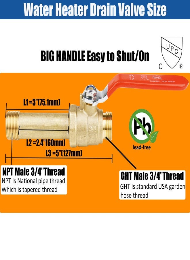 WHK Water Heater Drain Valve 3/4"MIP X 3/4" Male GHT Connection to drain or Flush Hot Water Heater Faster and Easy Big Full Port (Lead-Free Brass,3 Inch Shank with Long Handle,Straight) - Image 3