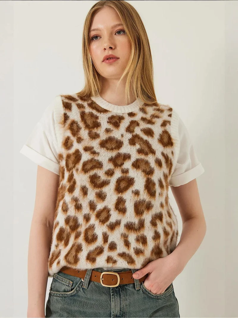 Bianco Lucci LUCCI Leopard Print Ribbed Knitwear Sweater Vest
