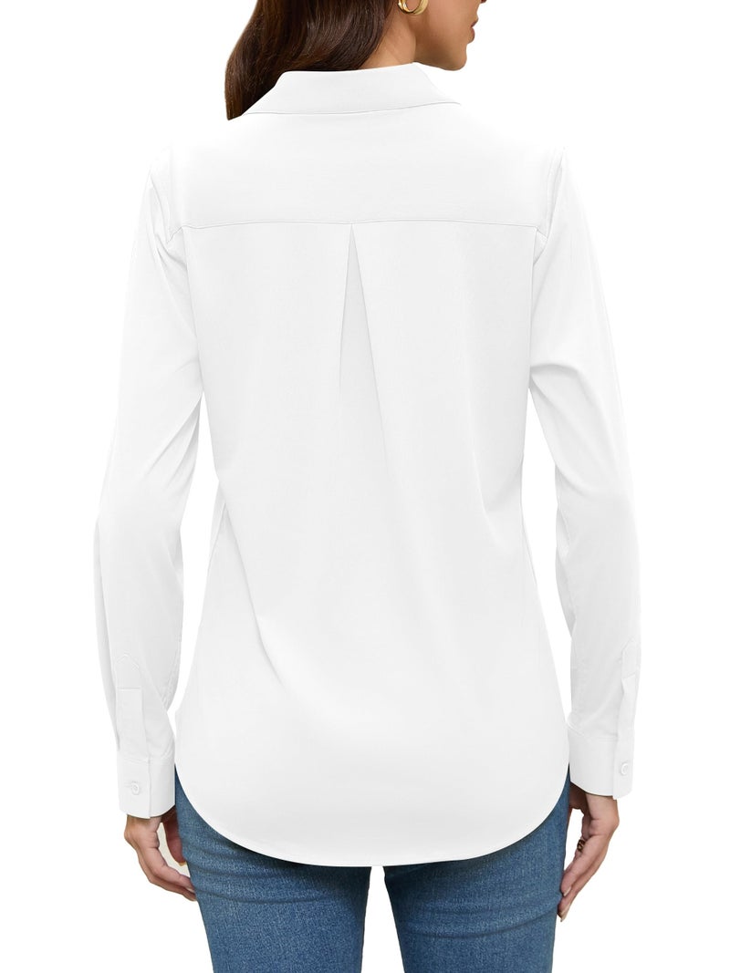 COUXILY White Blouse for Women Dress Shirt Button Up Down Collar Blouses Long Sleeve Dressy Casual Work Business Silk Shirts Dress Tops Women's Collared Wrinkle Free Outfits Solid Top White Size S - Image 5