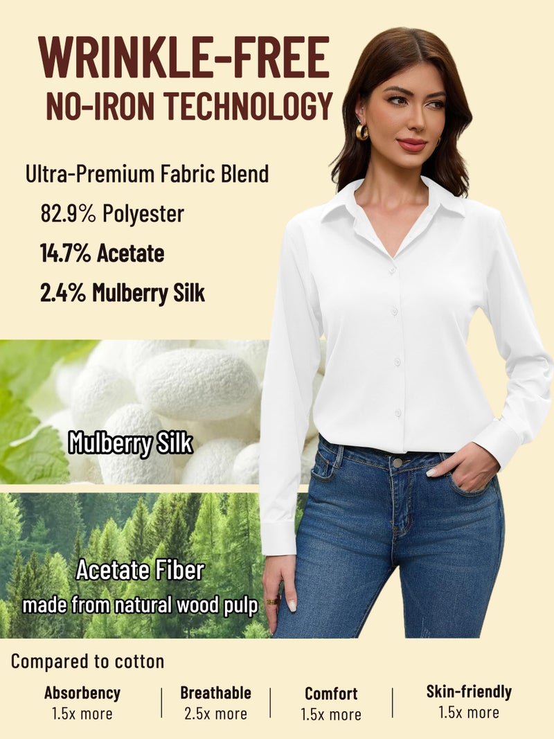 COUXILY White Blouse for Women Dress Shirt Button Up Down Collar Blouses Long Sleeve Dressy Casual Work Business Silk Shirts Dress Tops Women's Collared Wrinkle Free Outfits Solid Top White Size S - Image 3