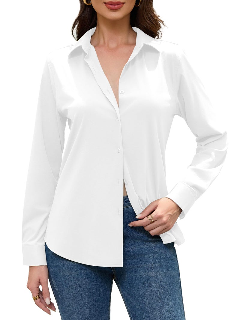 COUXILY White Blouse for Women Dress Shirt Button Up Down Collar Blouses Long Sleeve Dressy Casual Work Business Silk Shirts Dress Tops Women's Collared Wrinkle Free Outfits Solid Top White Size S - Image 4