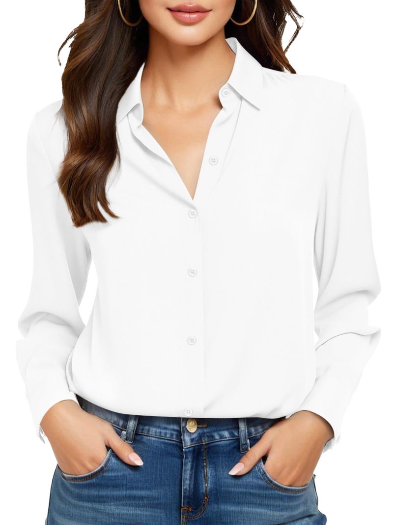 COUXILY White Blouse for Women Dress Shirt Button Up Down Collar Blouses Long Sleeve Dressy Casual Work Business Silk Shirts Dress Tops Women's Collared Wrinkle Free Outfits Solid Top White Size S - Image 1