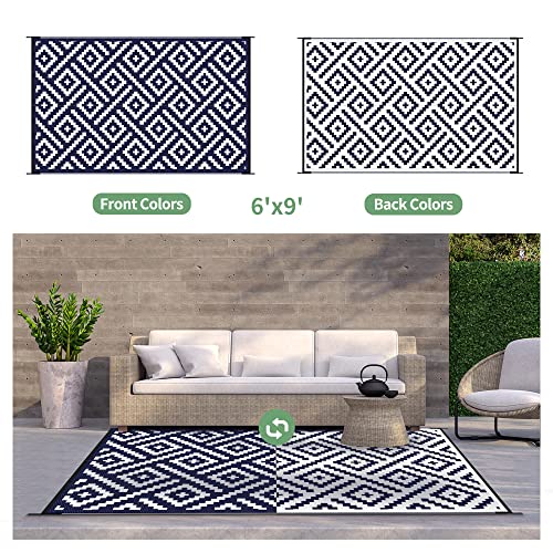 GENIMO Outdoor Rug for Patio Clearance,6'x9' Waterproof Mat,Reversible Plastic Camping Rugs,Rv,Deck,Porch,Camper,Balcony,Backyard (Navy Blue & White) - Image 4