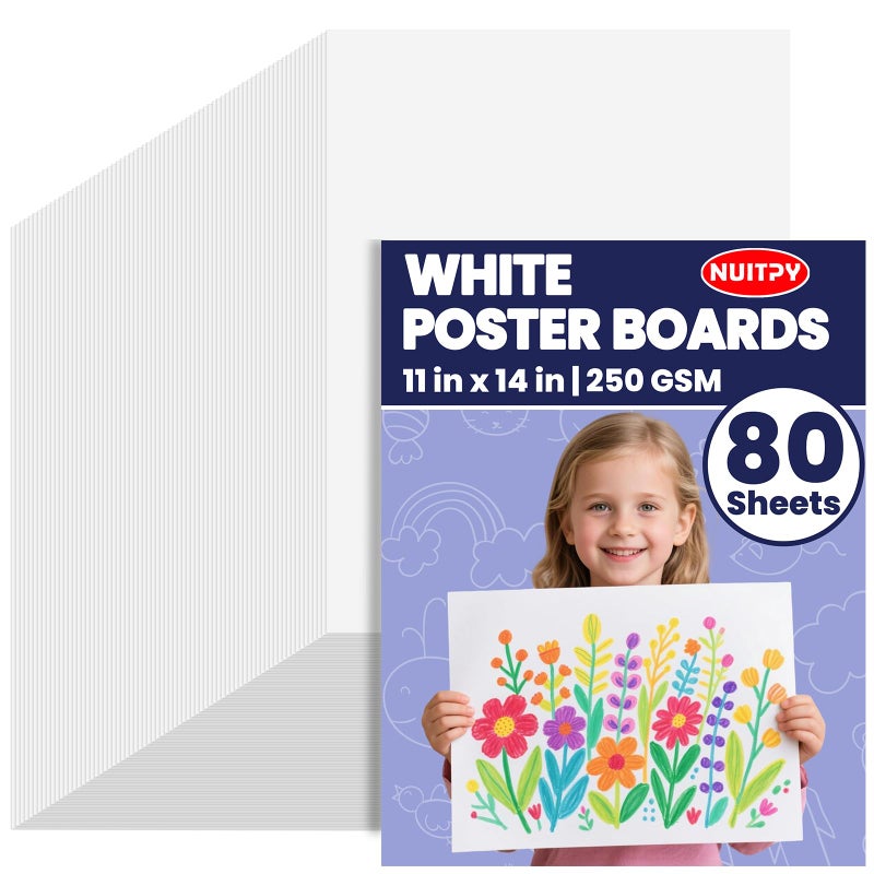 NUITPY 80 Sheets Poster Board, 11in x 14in White Poster Board, 250gsm Thickness Poster Paper, Poster Boards Paper Bulk for Craft, Drawing, DIY Project, Presentations, Display, Sign - Image 1