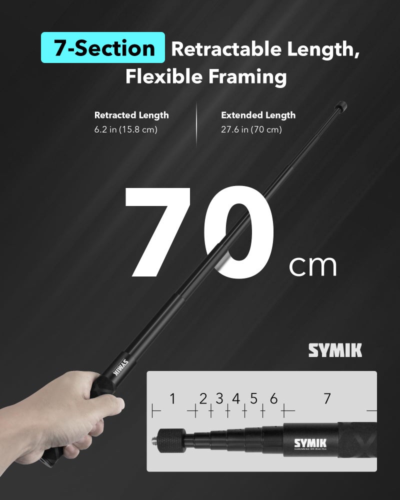 SYMIK Invisible Selfie Stick for Insta360 (70 cm/27.6 in), Aluminum Alloy Extension Stick Portable Extendable Monopod Pole with 1/4'' Screw and Wrist Strap for Insta 360 X5 X4 Air X3 ONE X2 Osmo 360 - Image 2