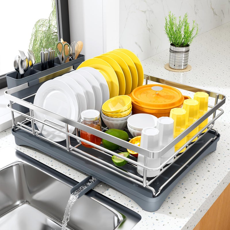 SNTD Dish Drying Rack for Kitchen Counter - Stainless Steel Dish Rack with Drainboard, Large Dish Drainer with Utensil Holder for Sink, Silver - Image 1