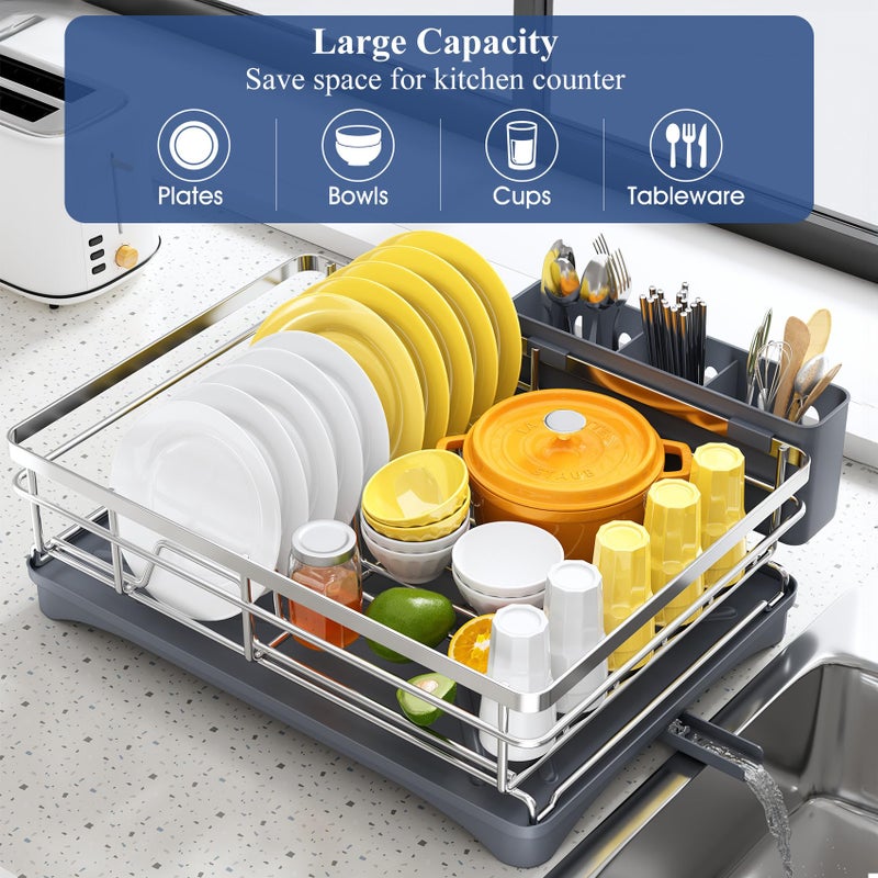 SNTD Dish Drying Rack for Kitchen Counter - Stainless Steel Dish Rack with Drainboard, Large Dish Drainer with Utensil Holder for Sink, Silver - Image 2