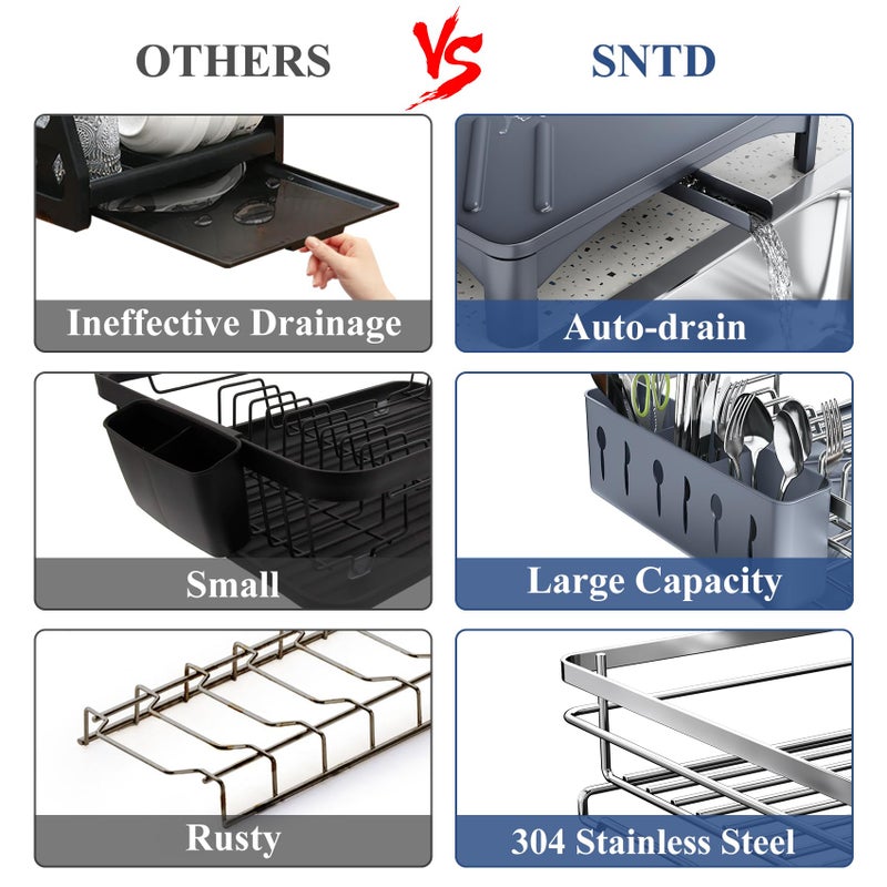SNTD Dish Drying Rack for Kitchen Counter - Stainless Steel Dish Rack with Drainboard, Large Dish Drainer with Utensil Holder for Sink, Silver - Image 3