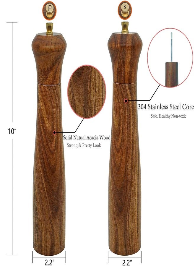 UNIOVC Wooden Salt and Pepper Grinder Set,Manual Salt and Pepper Mill,Acacia wood Salt Grinder Refillable,Pepper Mill with Adjustable Coarseness,Salt and Pepper Shakers Tableware Gifts 10" 2PCS - Image 2