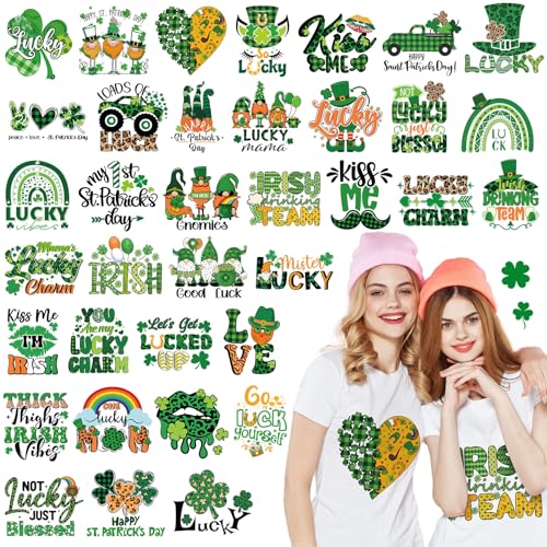 Tellingyou 36 Sheets St. Patrick's Day Iron on Transfers St. Patrick's Day Patches Vinyl Iron on Shamrock Patch Embroidered Applique for T Shirt Jacket Pillow Covers Backpack Hoodies DIY Decorations - Image 1