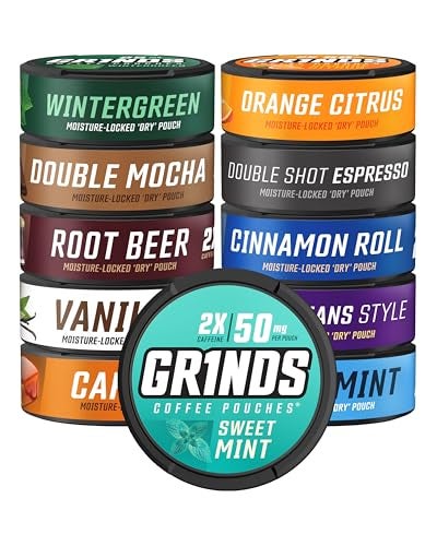 Grinds Coffee Pouches | All-in-One 11 Can Variety Pack |Wintergreen, Double Mocha, Root Beer, Sweet Mint, Vanilla, Caramel, Orange Citrus, Espresso Double Shot, Cinnamon Roll, New Orleans, & Spearmint - Image 1