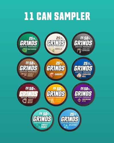 Grinds Coffee Pouches | All-in-One 11 Can Variety Pack |Wintergreen, Double Mocha, Root Beer, Sweet Mint, Vanilla, Caramel, Orange Citrus, Espresso Double Shot, Cinnamon Roll, New Orleans, & Spearmint - Image 2