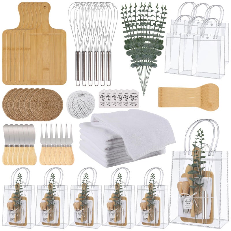 WAYASDCU 67Pcs Baby Shower Prizes for Game Winners Baby Shower Games Prizes 6 Sets Bamboo Cheese Board Spoon Fork Knives Towel Rattan Coasters Artificial Eucalyptus Stems Thank You Card Stirrers Gift Bags - Image 1