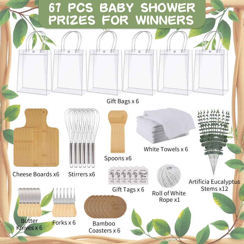 WAYASDCU 67Pcs Baby Shower Prizes for Game Winners Baby Shower Games Prizes 6 Sets Bamboo Cheese Board Spoon Fork Knives Towel Rattan Coasters Artificial Eucalyptus Stems Thank You Card Stirrers Gift Bags - Image 2