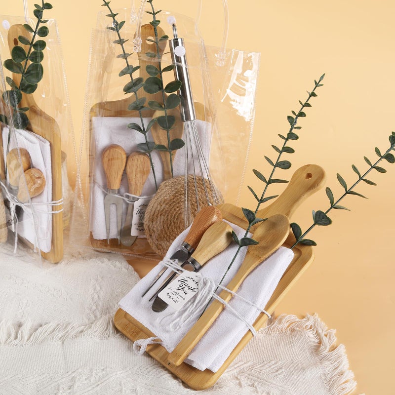 WAYASDCU 67Pcs Baby Shower Prizes for Game Winners Baby Shower Games Prizes 6 Sets Bamboo Cheese Board Spoon Fork Knives Towel Rattan Coasters Artificial Eucalyptus Stems Thank You Card Stirrers Gift Bags - Image 4