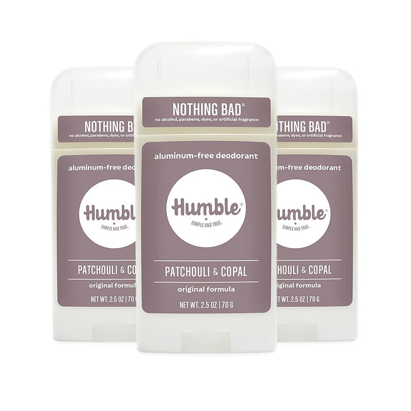 HUMBLE BRANDS Original Formula Aluminum-free Deodorant. Long Lasting Odor Control with Baking Soda and Essential Oils, Patchouli and Copal, Pack of 3