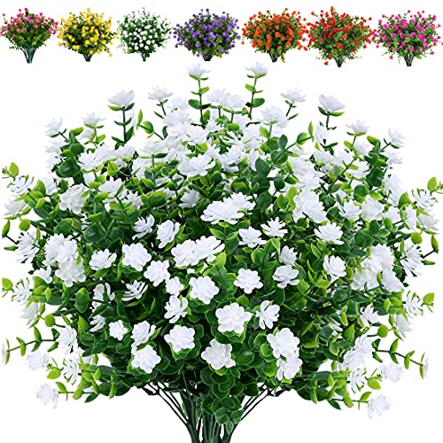 JOYGAR 8 Bundles Artificial Flowers Fake Boxwood Shrubs UV Resistant No Fade Faux Greenery Faux Plastic Lotus for Home Garden Hanging Planter Indoor Porch Patio Office Wedding DecorationWhite