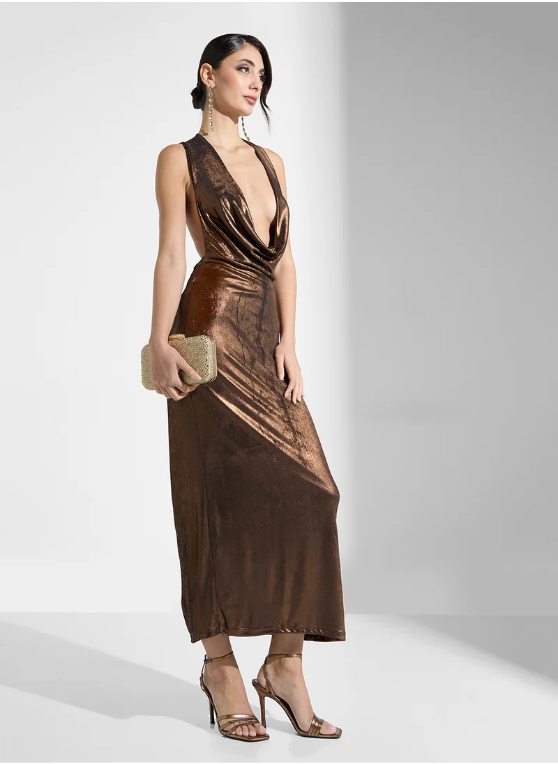 جينجر Metallic Cowl Neck Evening Dress In Bronze