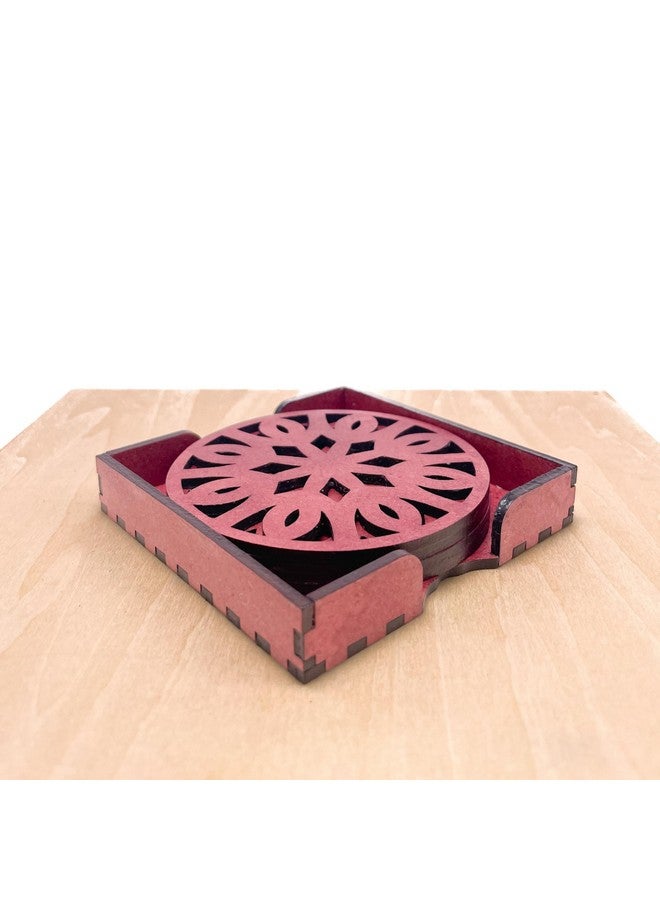 IndionArt Trayodash 77mm Decorative Wooden Tea Coaster Set with Stand Hand-Painted Spill-Resistant Mandala Design (4, Cherrywood) - Image 3