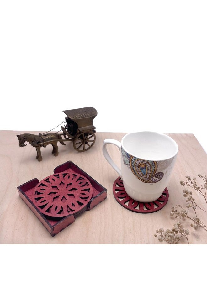 IndionArt Trayodash 77mm Decorative Wooden Tea Coaster Set with Stand Hand-Painted Spill-Resistant Mandala Design (4, Cherrywood) - Image 4