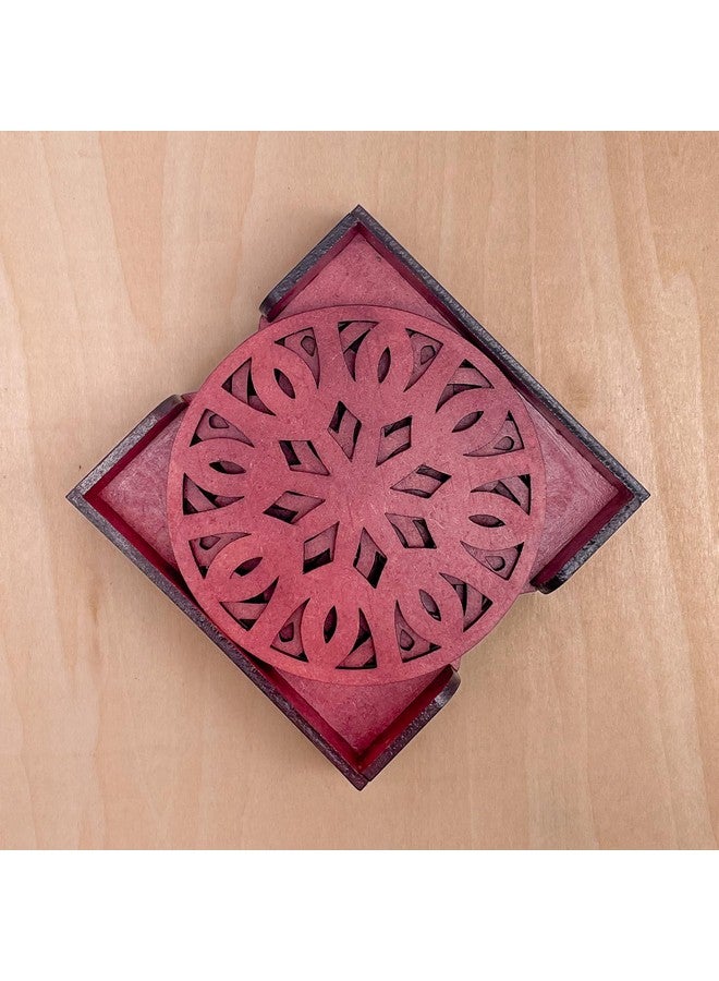 IndionArt Trayodash 77mm Decorative Wooden Tea Coaster Set with Stand Hand-Painted Spill-Resistant Mandala Design (4, Cherrywood) - Image 1