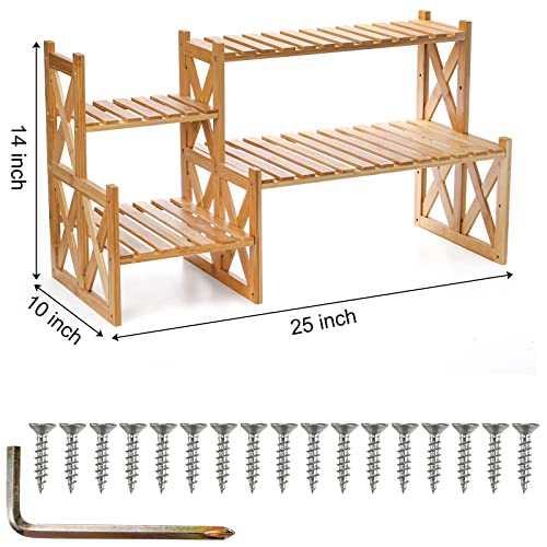 Lawei 2 Tier Bamboo Tabletop Plant Stand Adjustable Flower Pot Holder Shelf Planter Display Stand Small Desktop Ladder Plant Rack for Indoor Outdoor Home Patio Lawn Garden Balcony Organizer - Image 3