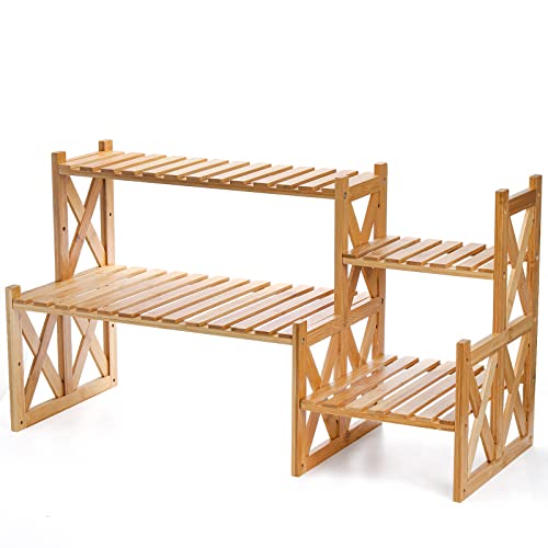 Lawei 2 Tier Bamboo Tabletop Plant Stand Adjustable Flower Pot Holder Shelf Planter Display Stand Small Desktop Ladder Plant Rack for Indoor Outdoor Home Patio Lawn Garden Balcony Organizer - Image 1