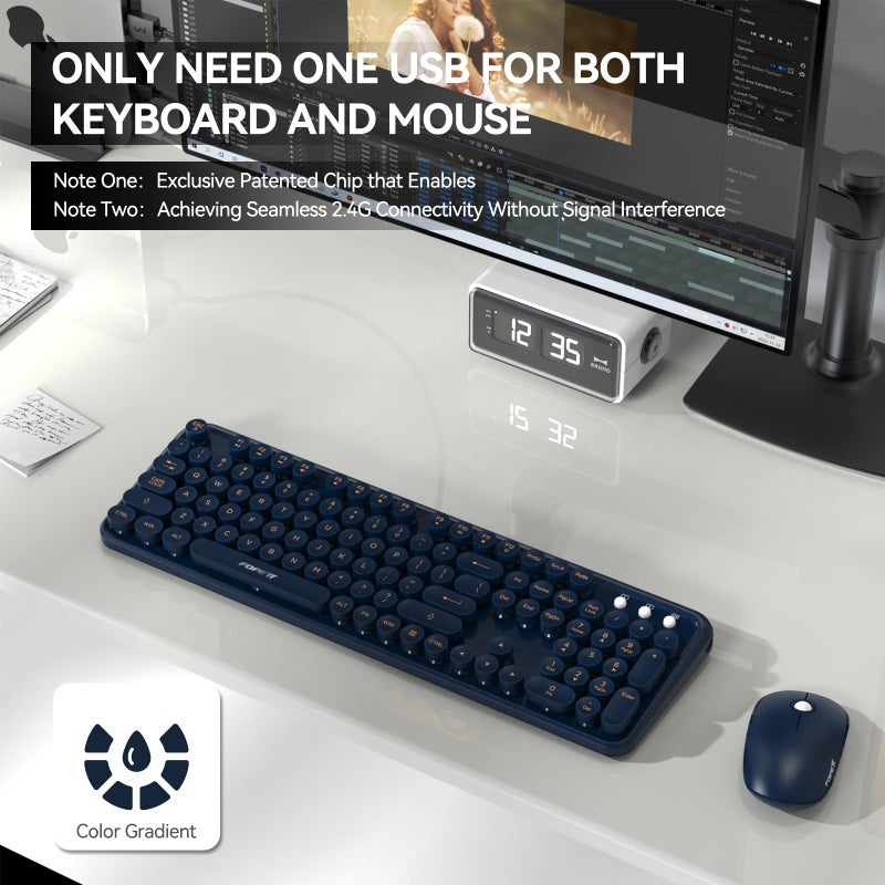 FOPETT Wireless Keyboard and Mouse Combo, 104 Keys Full-Sized 2.4 GHz Round Keycap Colorful Keyboards, USB Receiver Plug and Play, for Windows, Mac, PC, Laptop, Desktop (DarkBlue) - Image 2