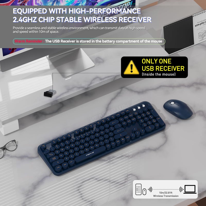FOPETT Wireless Keyboard and Mouse Combo, 104 Keys Full-Sized 2.4 GHz Round Keycap Colorful Keyboards, USB Receiver Plug and Play, for Windows, Mac, PC, Laptop, Desktop (DarkBlue) - Image 3