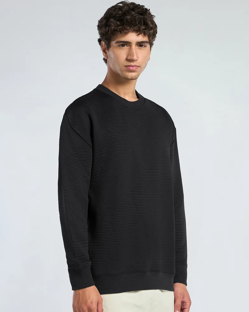 bewakoof Men's Black Textured Oversized Sweatshirt