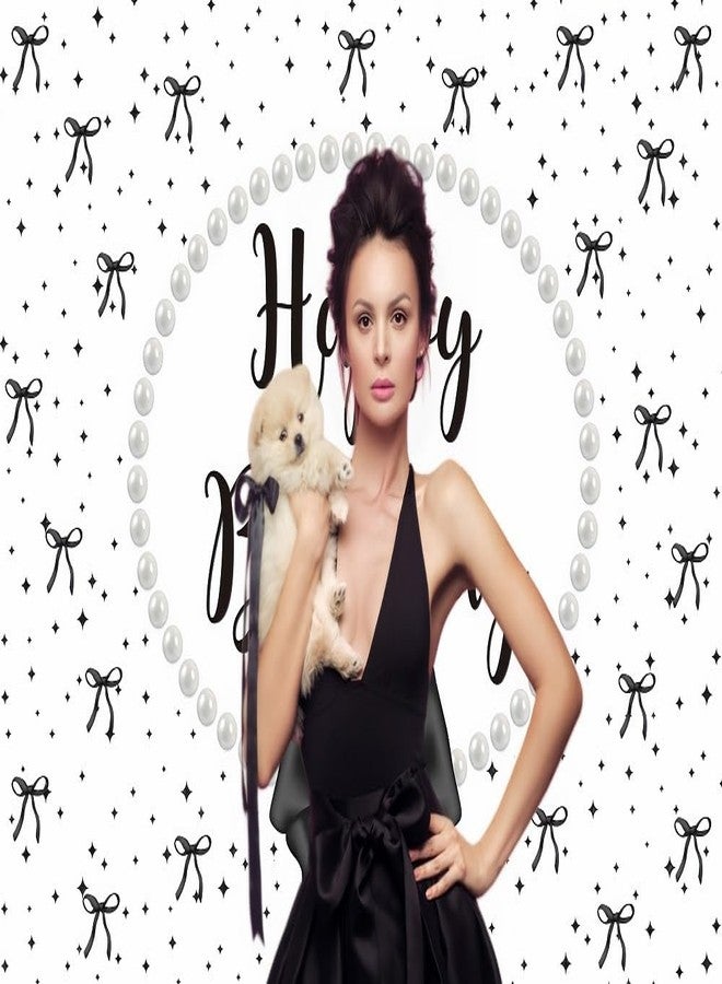 INRUI Coquette Happy Birthday Photography Background Black Bow Decorations Black Bachelorette Theme Glitter Star Girls Birthday Party Photo Backdrop (7x5FT) - Image 2