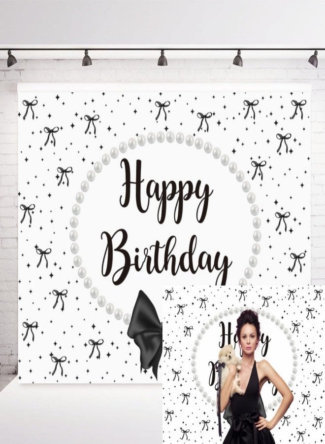 INRUI Coquette Happy Birthday Photography Background Black Bow Decorations Black Bachelorette Theme Glitter Star Girls Birthday Party Photo Backdrop (7x5FT) - Image 1