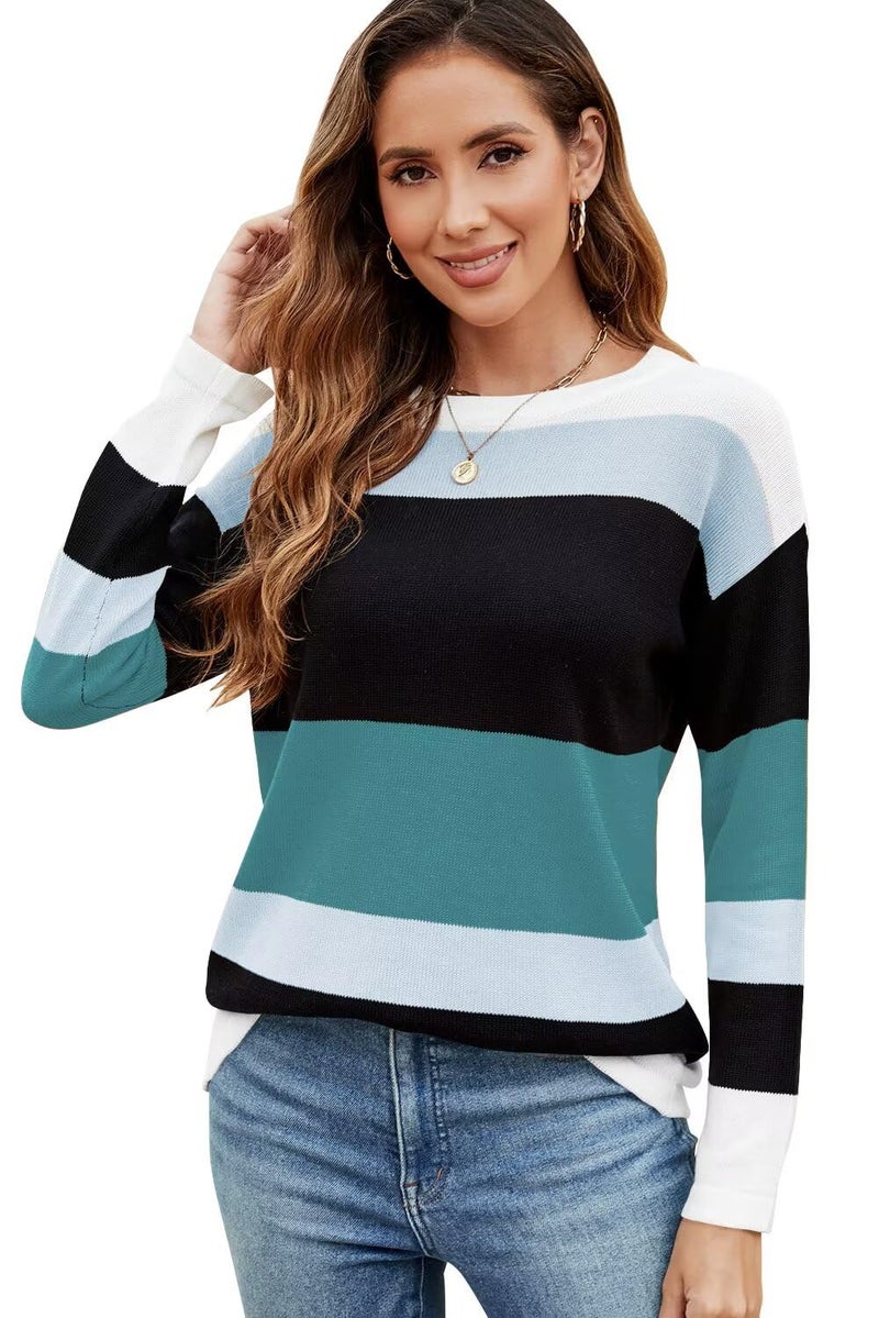FEKOAFE Womens 2025 Fall Sweaters Trendy Causal Striped Color Block Crew Neck Long Sleeve Knitted Warm Sweaters Blue L - Image 4