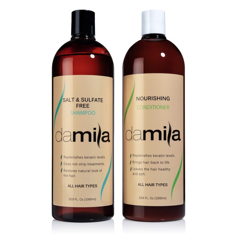 Damila Salt & Sulfate Free Shampoo & Conditioner for Keratin and Color Treated Hair - Professional Keratin Value Pack for Damaged, Frizzy, Curly, Dry & Thin Hair - Shampoo Sin Sal - 33.8 Fl Oz - Image 1
