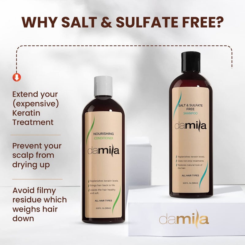 Damila Salt & Sulfate Free Shampoo & Conditioner for Keratin and Color Treated Hair - Professional Keratin Value Pack for Damaged, Frizzy, Curly, Dry & Thin Hair - Shampoo Sin Sal - 33.8 Fl Oz - Image 3