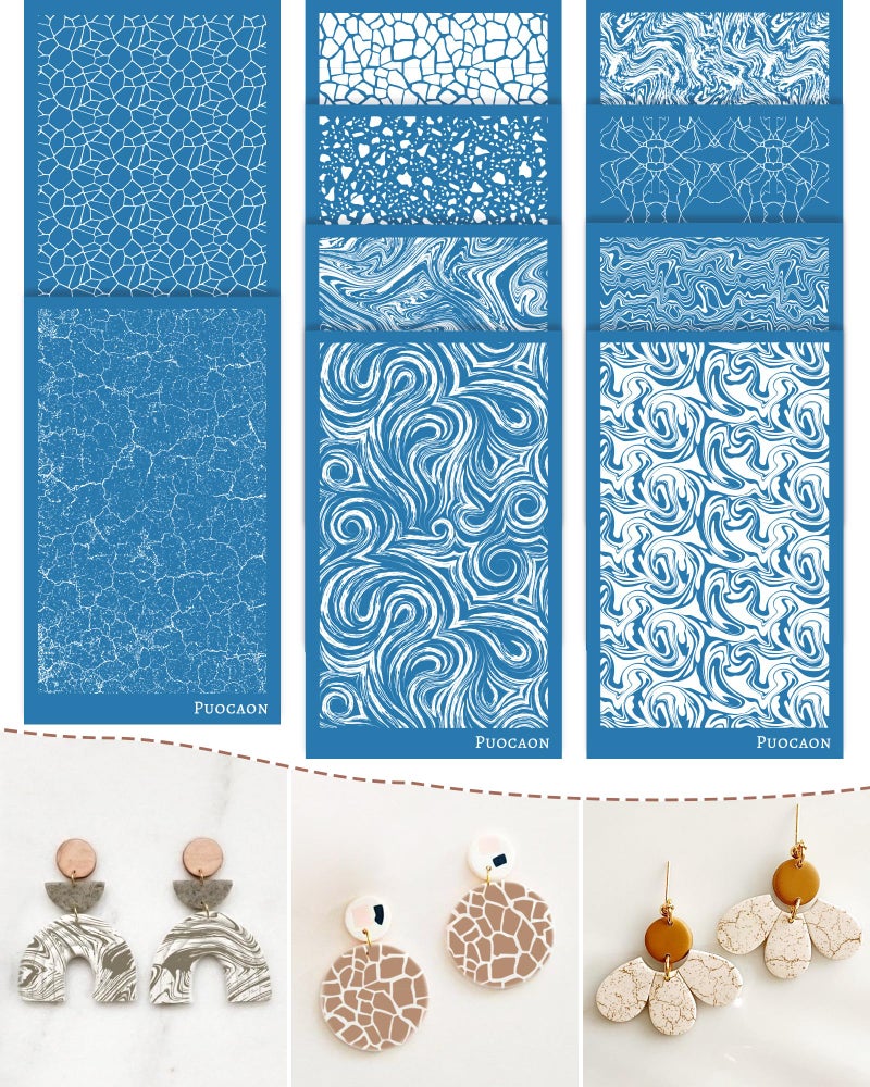 Puocaon Clay Silk Screen Stencil - 10 Pcs Marble Pattern Reusable for Polymer Clay Jewelry Making, Terrazzo Fluid Trendy Tools, Earrings - Image 1