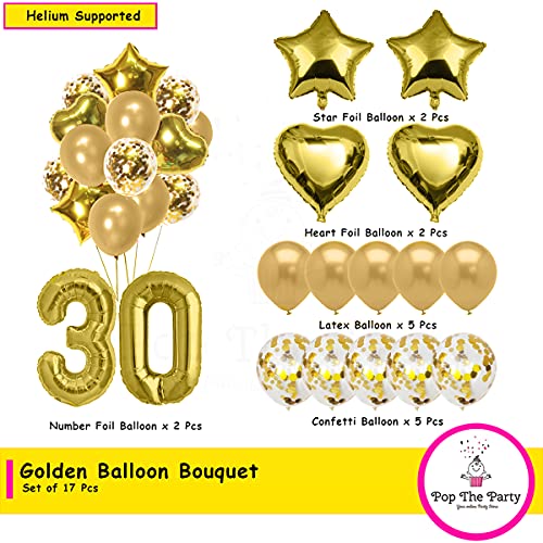 Pop The Party 30th Birthday Party Decorations Gold Supplies Big Set With Happy Birthday Balloons Banner and 30 Digit Balloon for Including Latex, star, heart and Confetti Balloons - Image 2